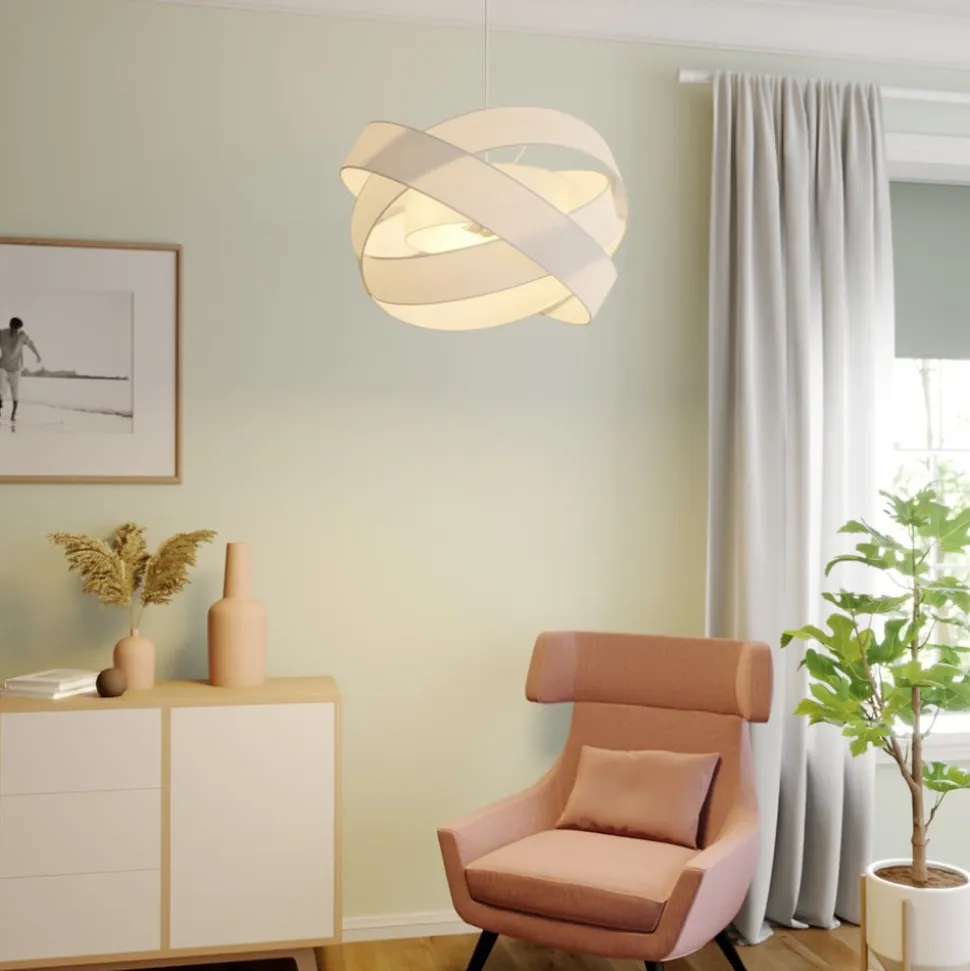 Lindby pendellampe Simaria, hvid, tekstil, Ø 60 cm, E27