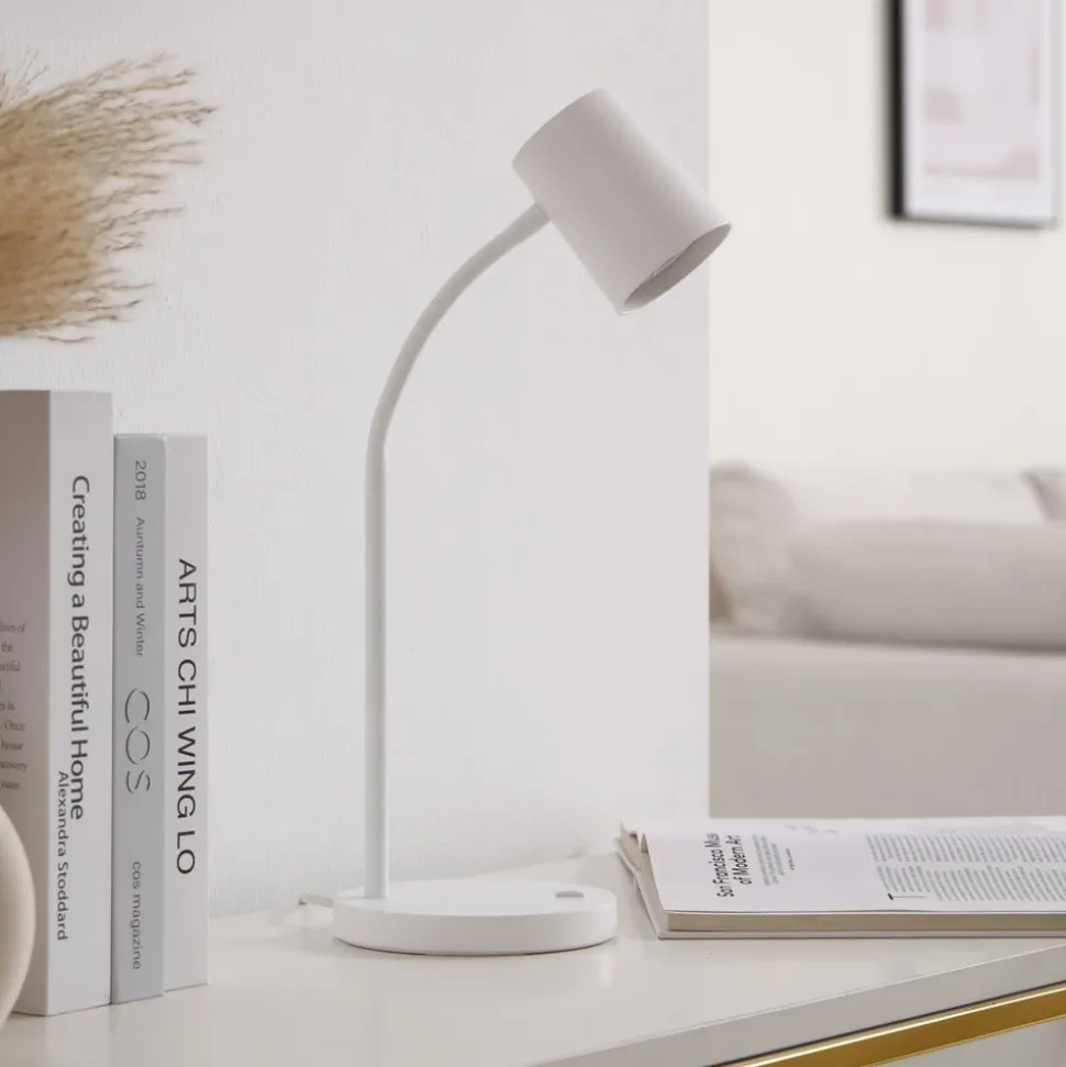 Lindby Radka bordlampe, hvid, plast, GU10, fleksibel arm