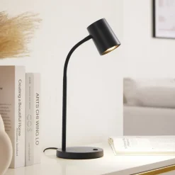 Lindby Radka bordlampe, sort, plast, fleksibel arm