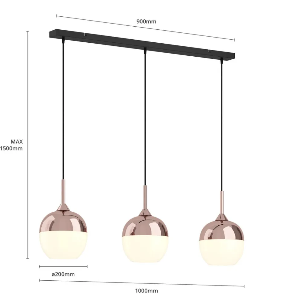 Lindby Rangina pendellampe, 100 cm, kobber, 3 lyskilder, glas