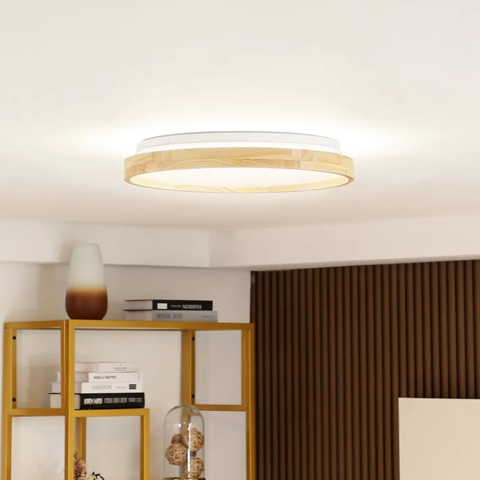 Lindby Smart LED-loftslampe Mirren træ Ø49,5 cm CCT Tuya