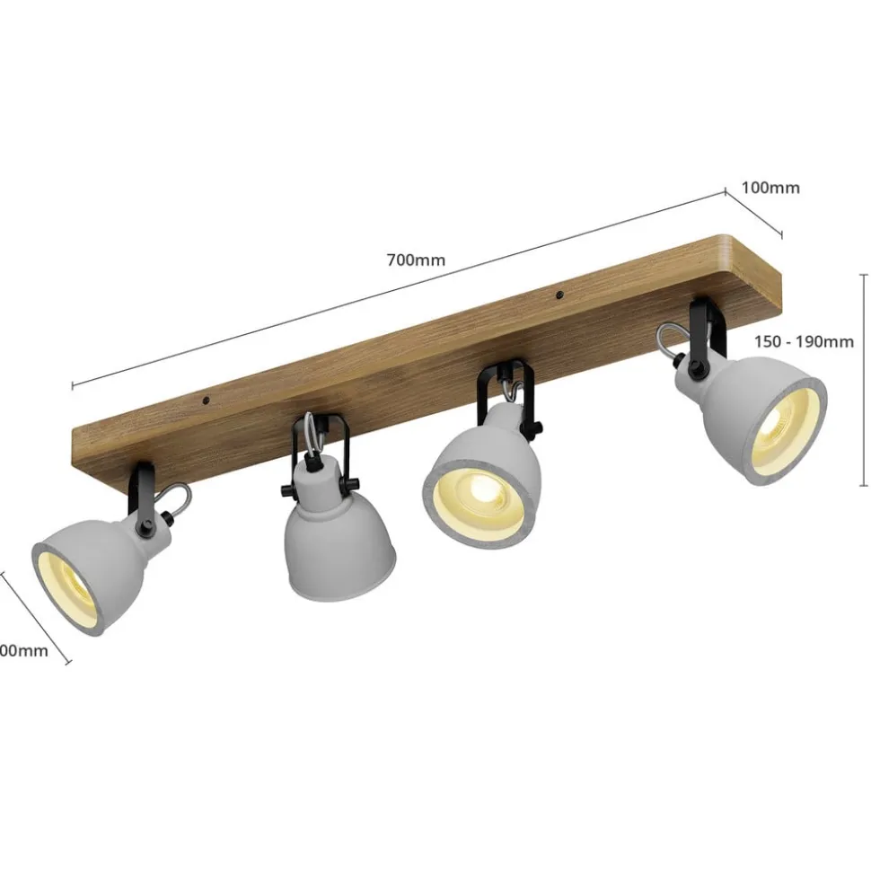 Lindby Spot Mitis, 70 cm, 4 lyskilder, grå, træ, beton, GU10