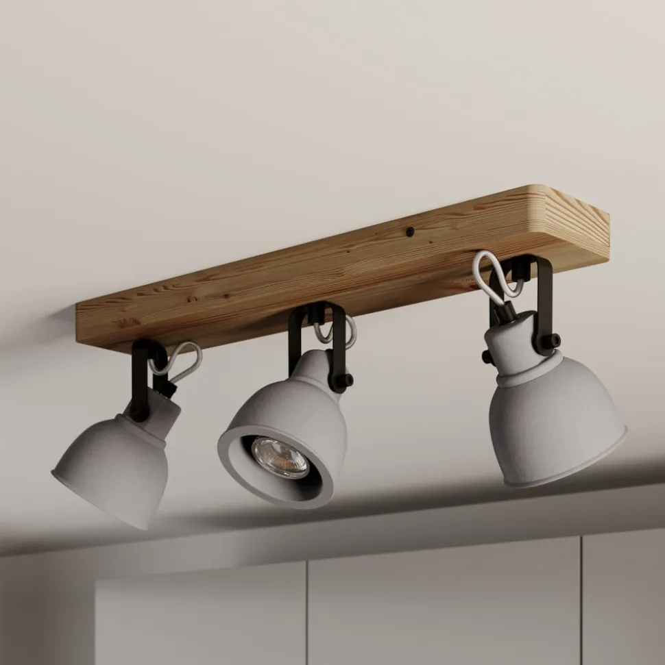 Lindby Spot Mitis, 50 cm, 3 lyskilder, grå, træ, beton, GU10