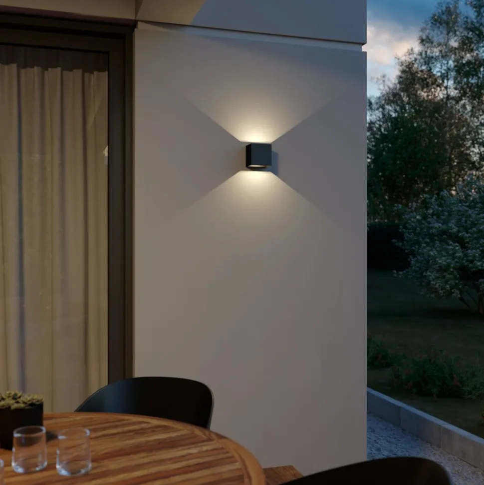 Lindby udendørs LED-væglampe Glyn, sort, metal, 12 cm, IP44