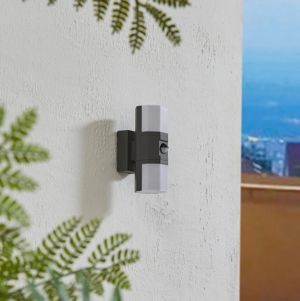 Lindby udendørs LED-væglampe Alaric, aluminium, antracit, sensor