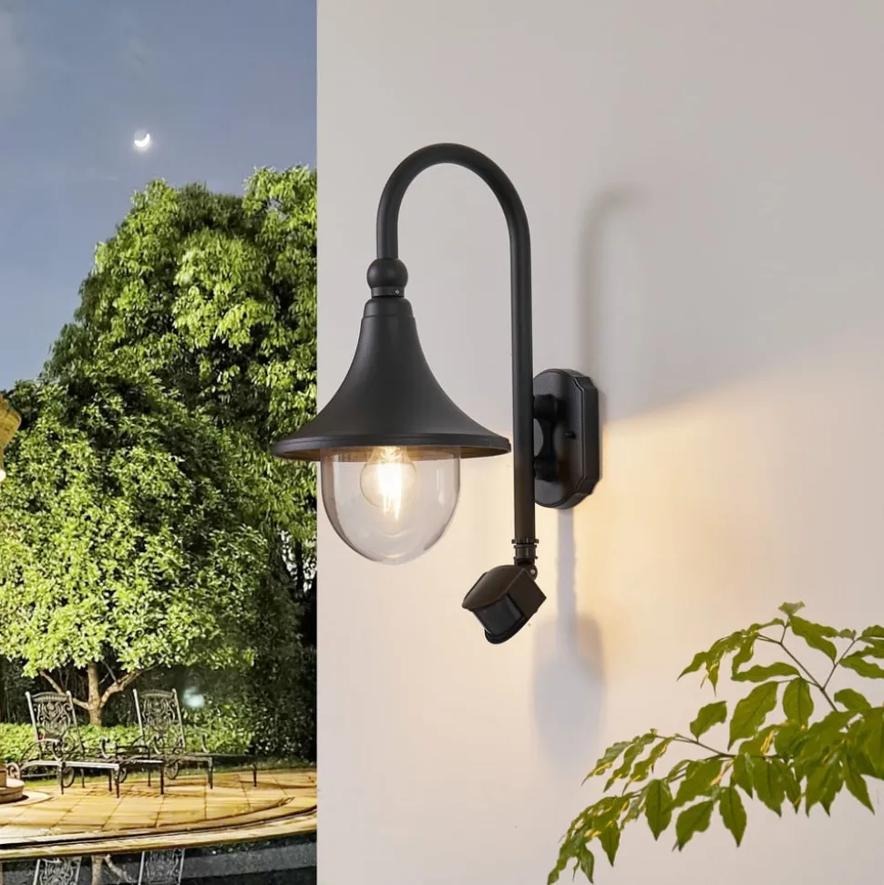 Lindby udendørs væglampe Daphne, sort, sensor, metal, E27