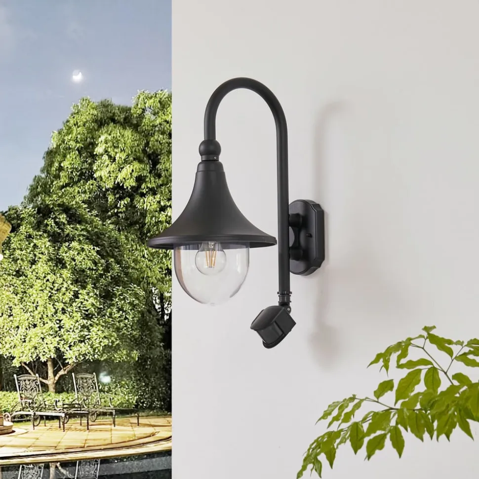 Lindby udendørs væglampe Daphne, sort, sensor, metal, E27