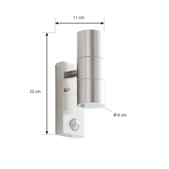 Lindby udendørs væglampe Eyrin, højde 22 cm, stål, sensor