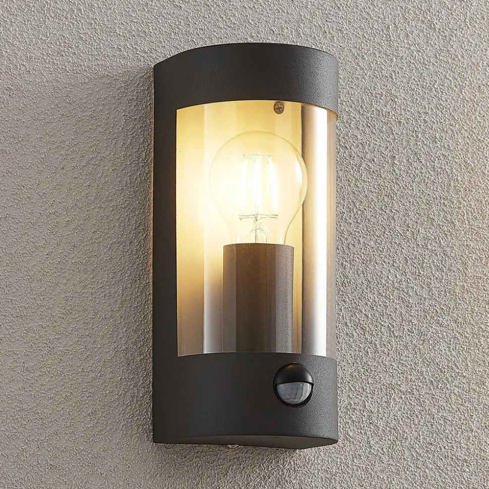 Lindby udendørs væglampe Junias, 24 cm, antracit, sensor