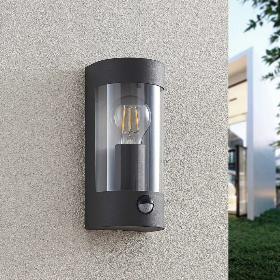 Lindby udendørs væglampe Junias, 24 cm, antracit, sensor