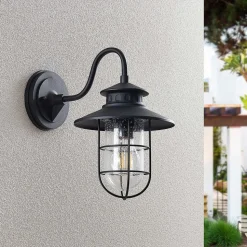 Lindby udendørs væglampe Kyan, højde 32 cm, sort, IP44, E27