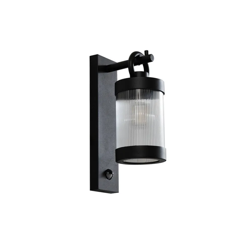 Lindby udendørs væglampe Yrene, 20cm, sort, sensor, riffel