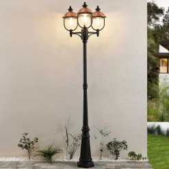 Lindby udendørslampe Clint, 225 cm, 3 lyskilder, saltvandsresistent, E27
