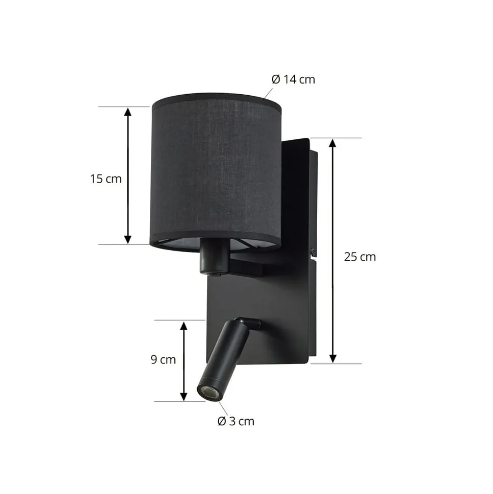 Lindby væglampe Aiden, 30 cm, sort, LED-læselampe, E14