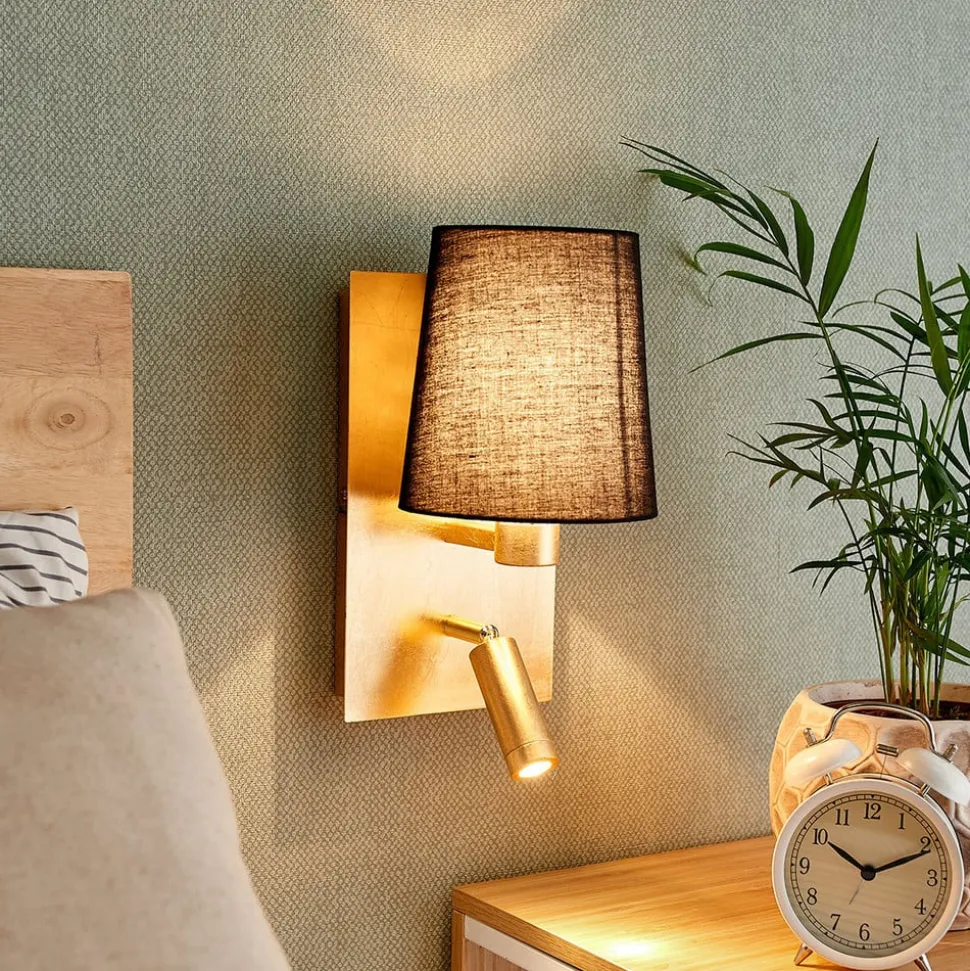 Lindby væglampe Aiden, 30 cm, sort, guld, LED-læselampe