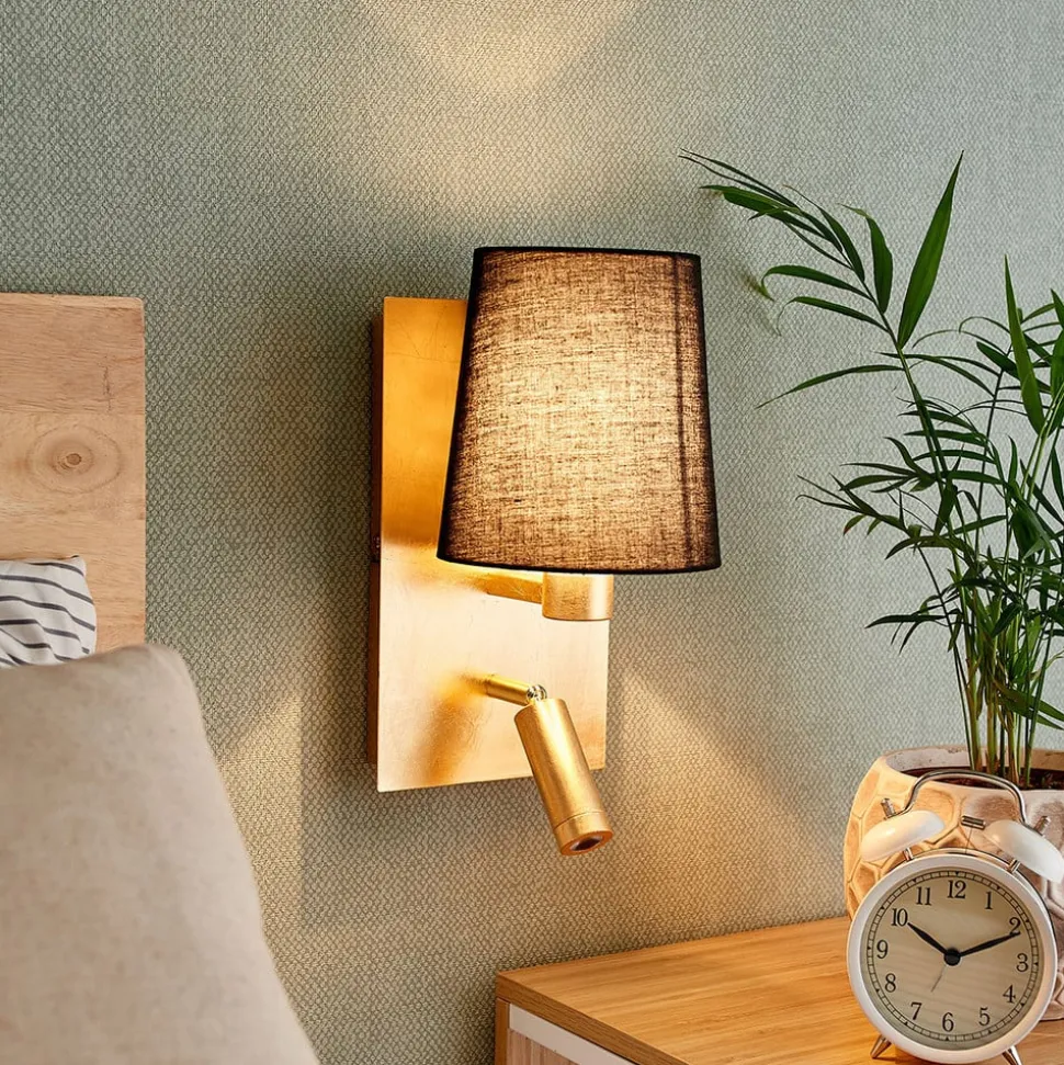 Lindby væglampe Aiden, 30 cm, sort, guld, LED-læselampe