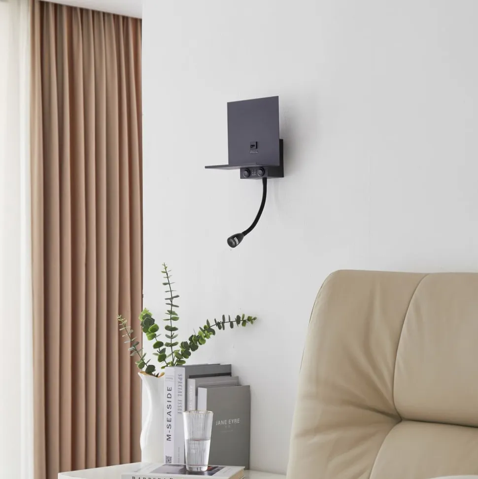 Lindby væglampe Thorid, sort, USB, LED-læselampe, G9
