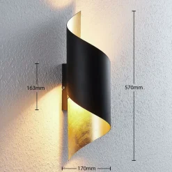 Lindby væglampe Vanni, sort/guld, metal, højde 57 cm