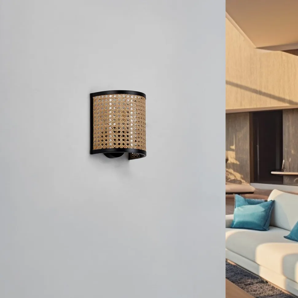 Lindby væglampe Yaelle, 20 cm høj, rattan, sort, E27
