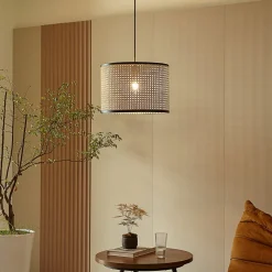 Lindby-pendel Yaelle, Ø 40 cm, rattan, sort, E27