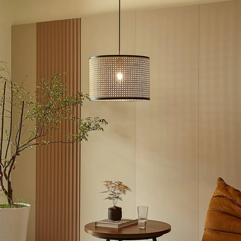 Lindby-pendel Yaelle, Ø 40 cm, rattan, sort, E27