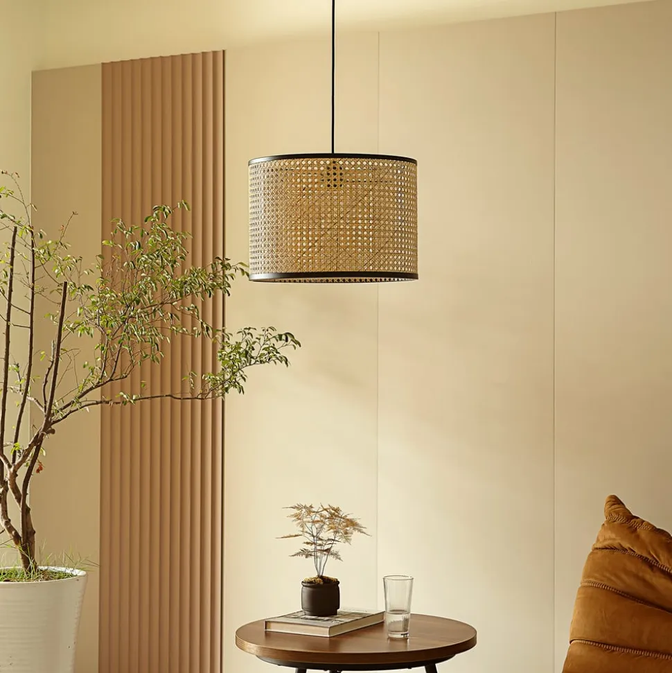 Lindby-pendel Yaelle, Ø 40 cm, rattan, sort, E27