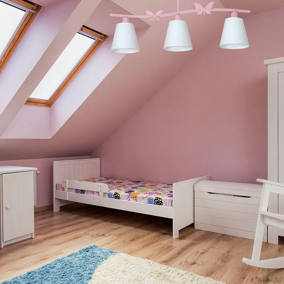 Loftlampe Alice, pink, tre hvide stofskærme