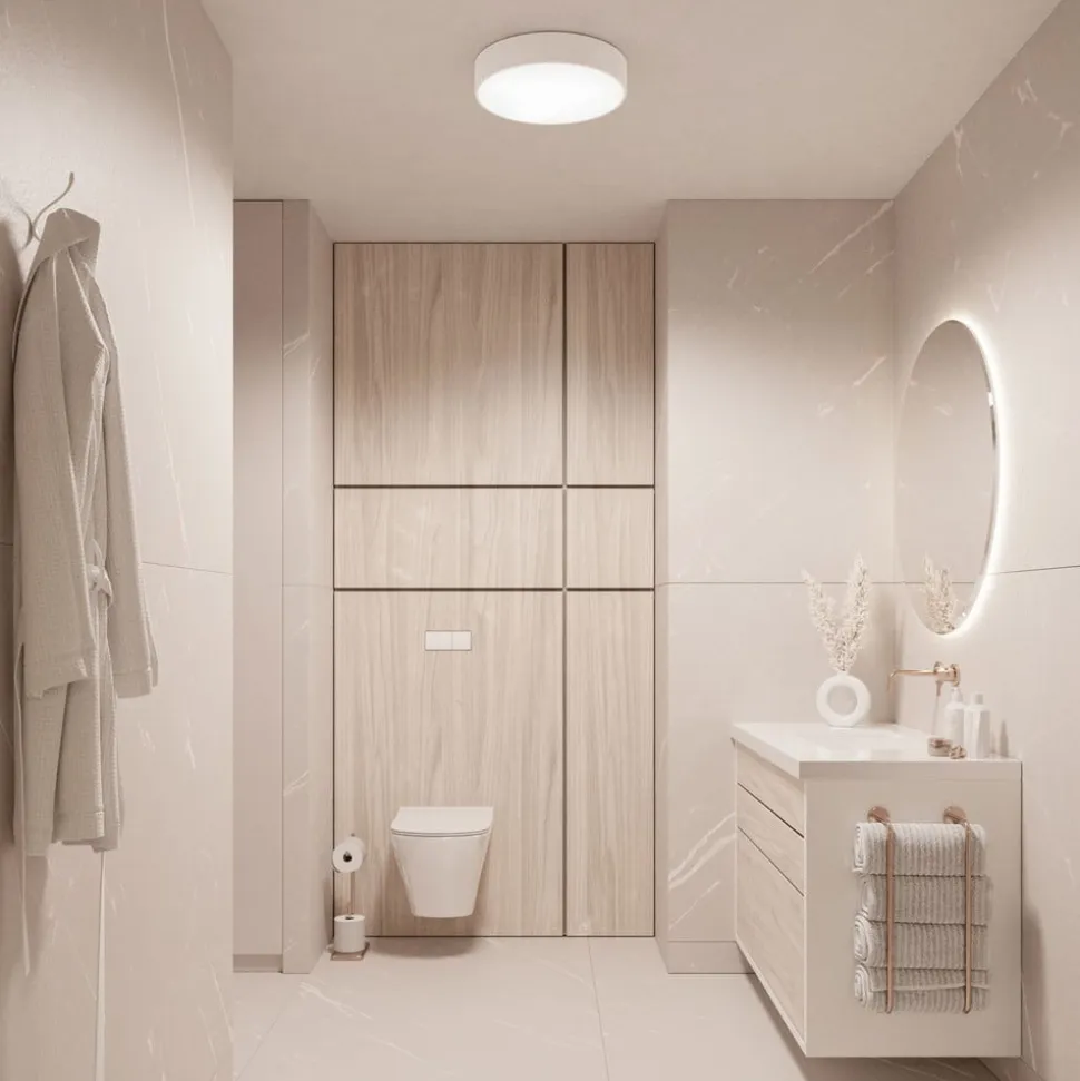 Loftlampe Cleo 300, hvid, sensor, IP54, Ø 30 cm, metal