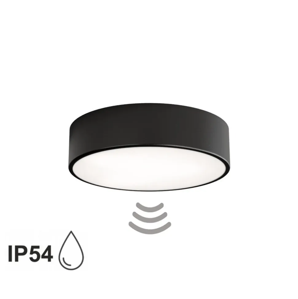 Loftlampe Cleo 300, sort, sensor, IP54, Ø 30 cm, metal