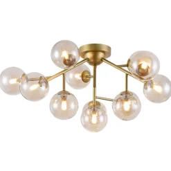 Loftlampe Dallas med 12 glaskugler, guld