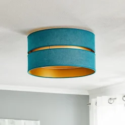 Loftlampe Duo i tekstil, turkis/guld, Ø40cm