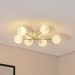 Loftlampe Glassy, 6 lyskilder, hvid/guld/opal