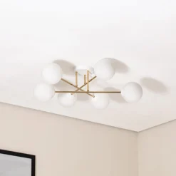 Loftlampe Glassy, 6 lyskilder, hvid/guld/opal