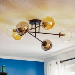 Loftlampe Glassy, sort, grafit/amber/klar, 6 lyskilder.