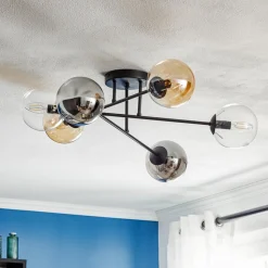 Loftlampe Glassy, sort, grafit/amber/klar, 6 lyskilder.