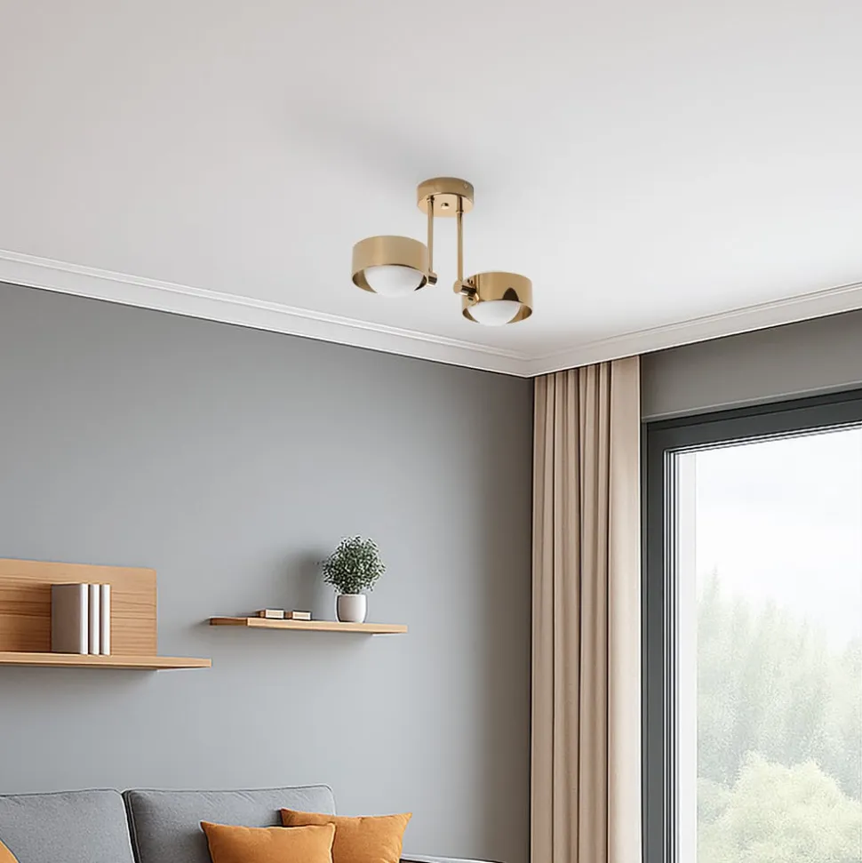 Loftlampe Mado, stål messingfarvet, glas opal, 2 lyskilder.