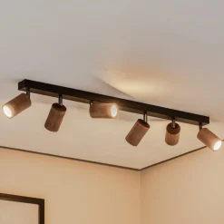 Loftlampe Nise, 6 lyskilder, aflang, sort stål, træ