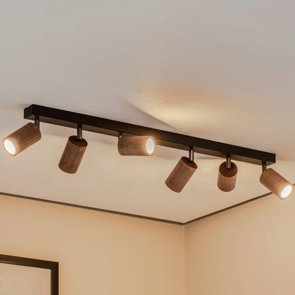 Loftlampe Nise, 6 lyskilder, aflang, sort stål, træ