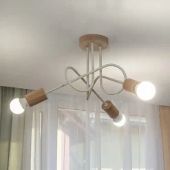 Loftlampe Oxford, sandbeige, træ, metal, 3 lyskilder, Ø 44 cm