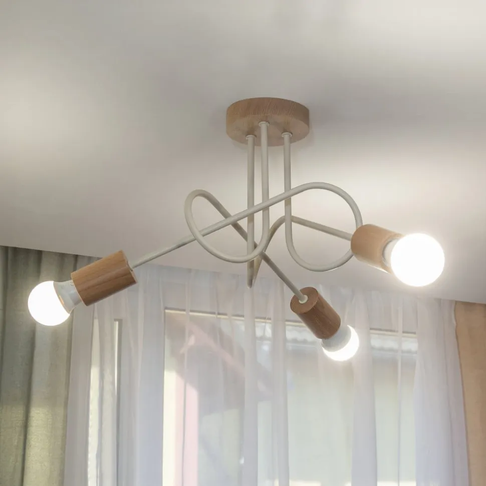 Loftlampe Oxford, sandbeige, træ, metal, 3 lyskilder, Ø 44 cm