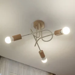 Loftlampe Oxford, sandbeige, træ, metal, 3 lyskilder, Ø 44 cm
