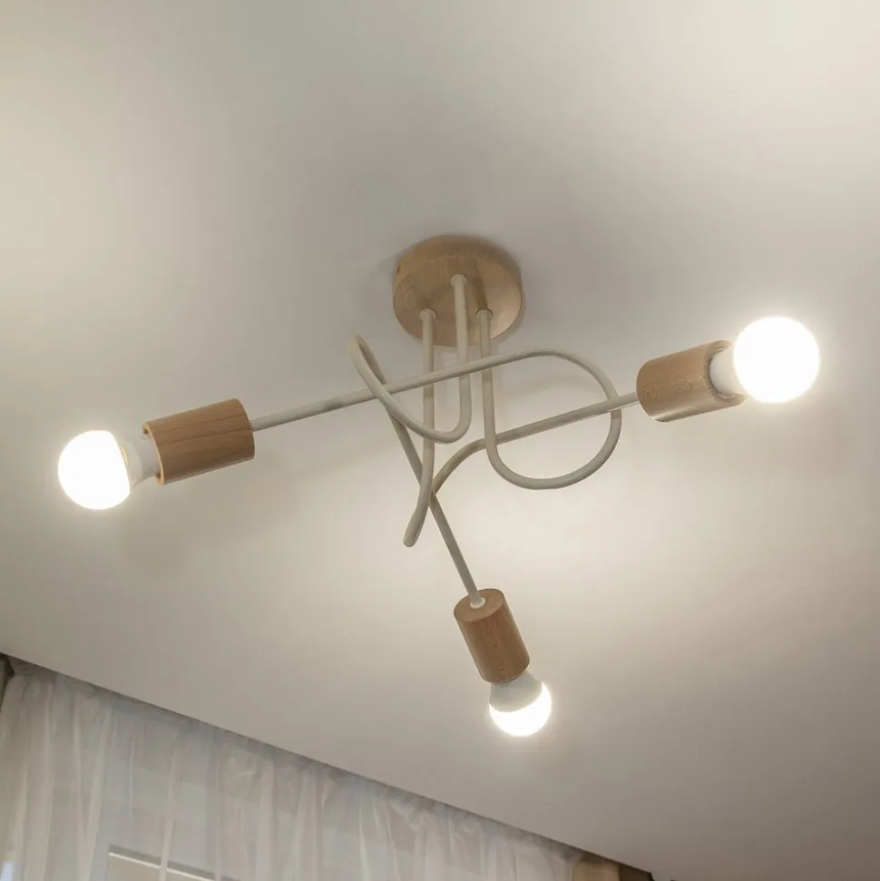 Loftlampe Oxford, sandbeige, træ, metal, 3 lyskilder, Ø 44 cm