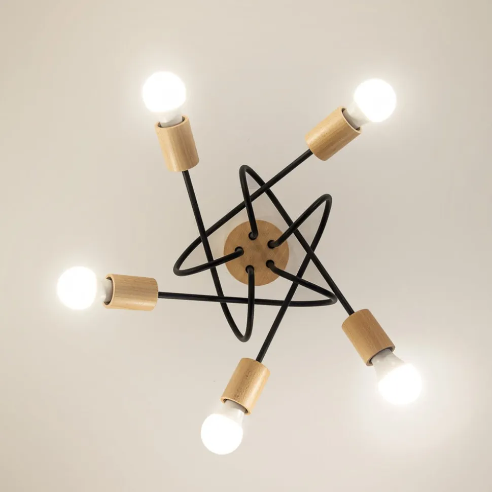 Loftlampe Oxford, sort, træ, metal, 5 lyskilder, Ø 47 cm