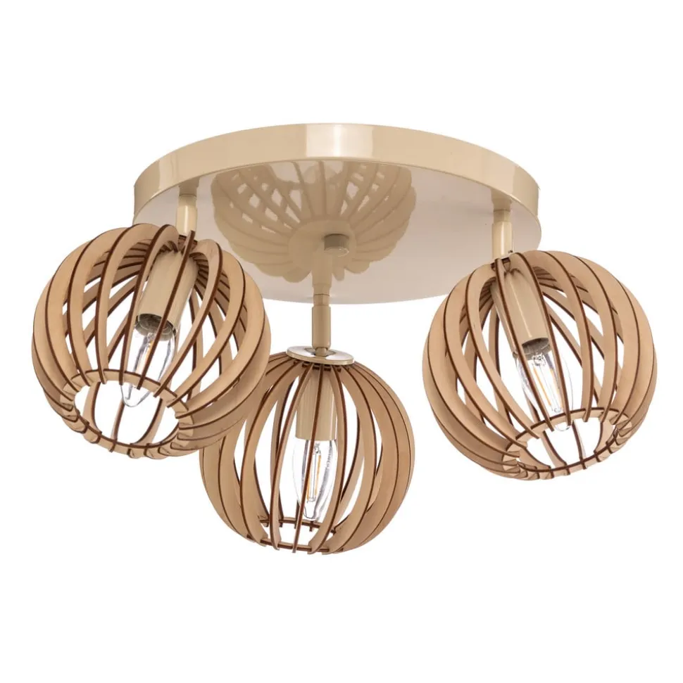 Loftlampe Paz hvid med trælameller-kugler 3 lyskilder.