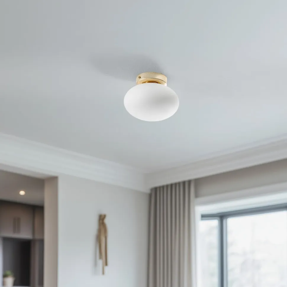 Loftlampe Ufo, guld/hvid, Ø 18 cm, glas, G9