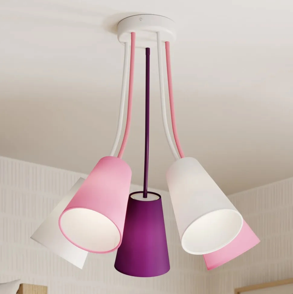 Loftlampe Wire Kids 5 lyskilder, hvid/pink/violet