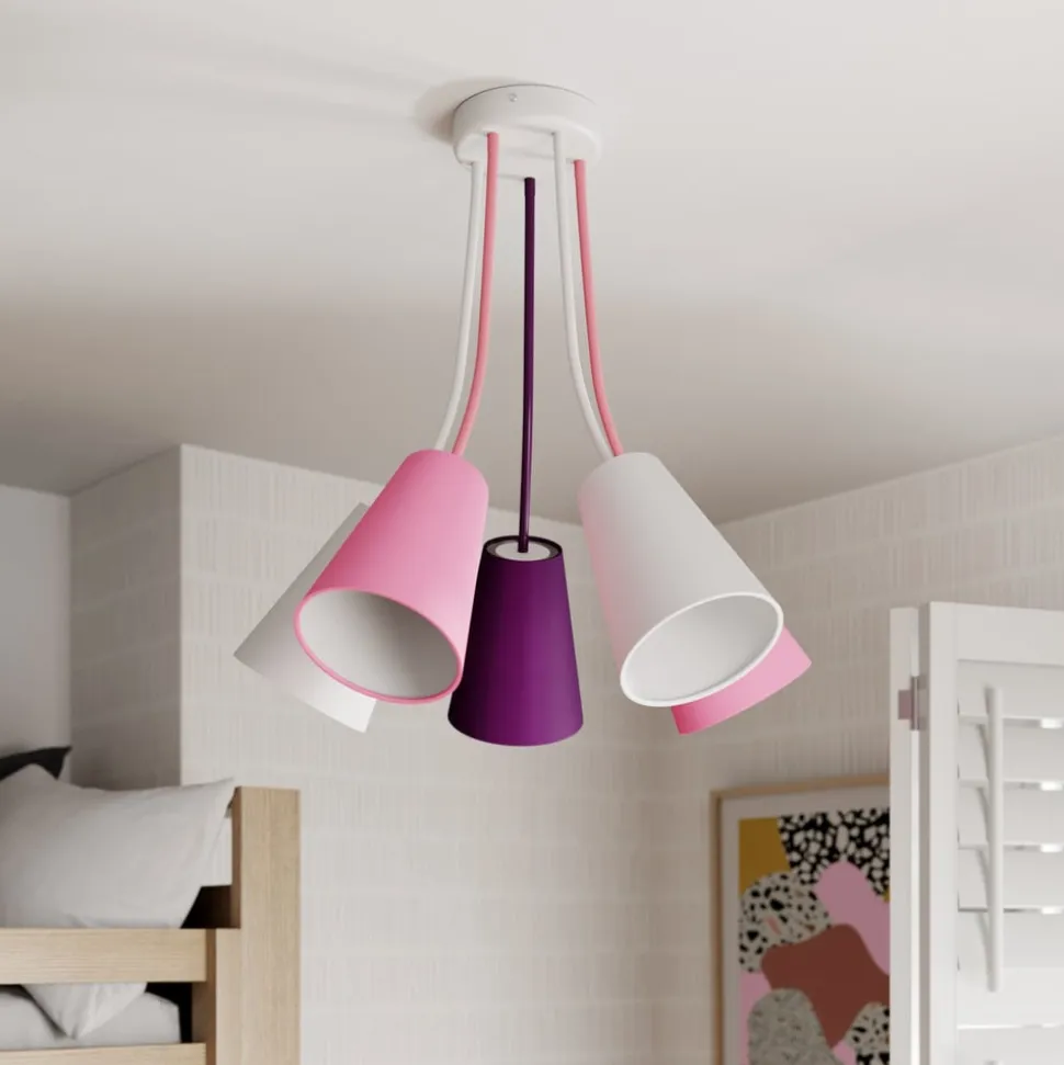 Loftlampe Wire Kids 5 lyskilder, hvid/pink/violet