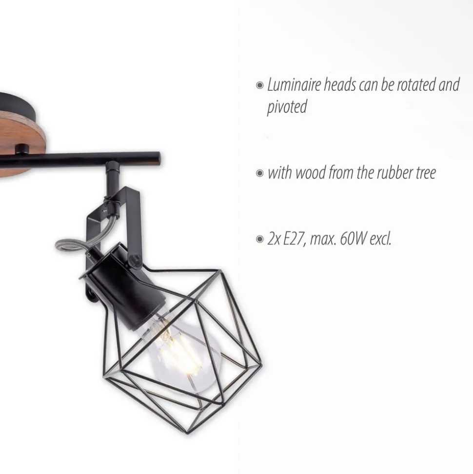 Loftslampe Jaro justerbar sort/træ 2-lys