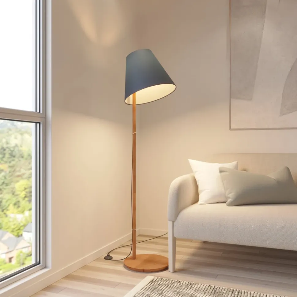 Lucande gulvlampe Jinda, blå, træ, stof, 160 cm, E27