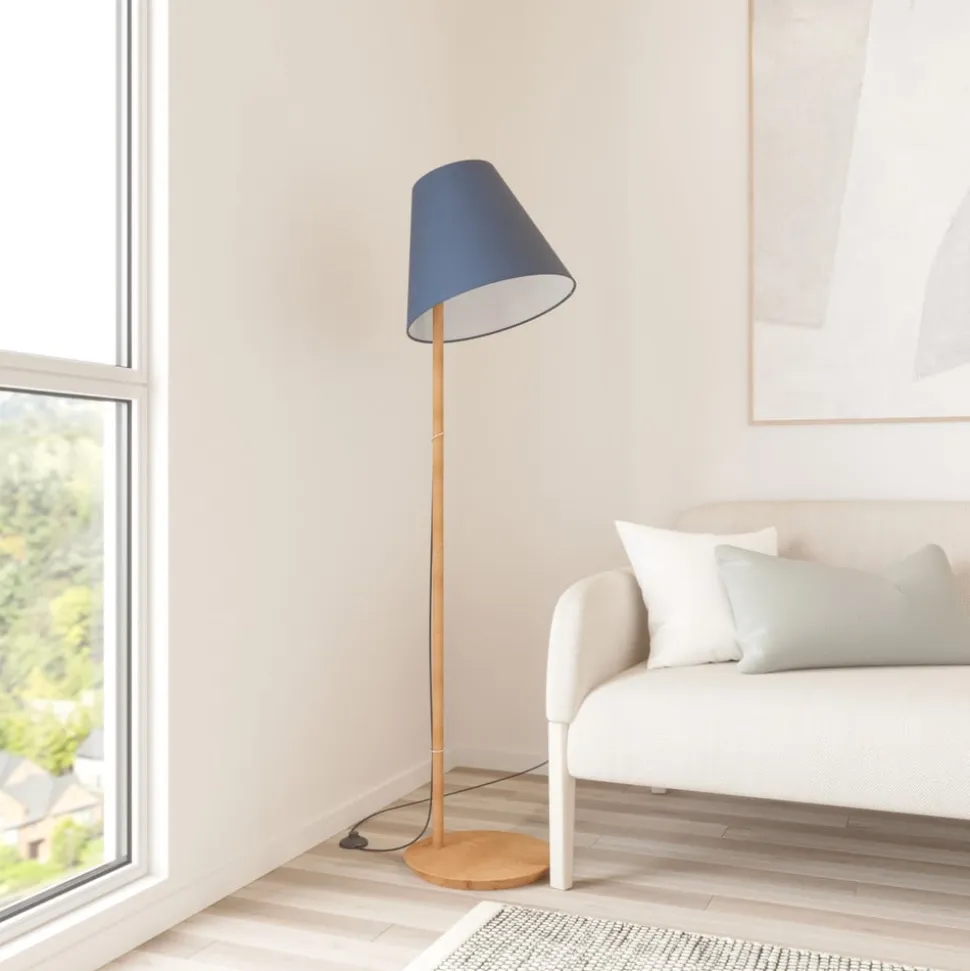 Lucande gulvlampe Jinda, blå, træ, stof, 160 cm, E27